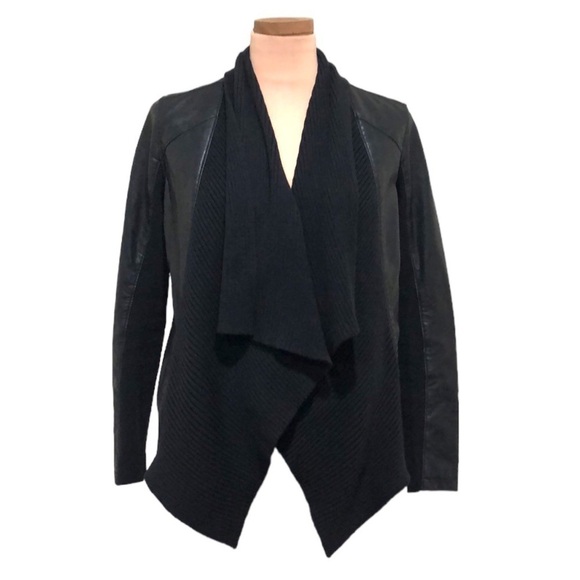 Blank NYC Faux Leather Jacket Size Small Black Ribbed Sweater Knit Panels - Picture 1 of 13